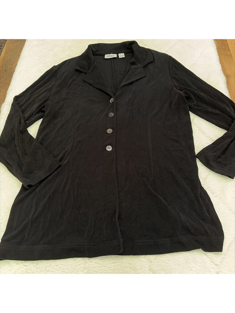 Chicos Travelers Size 3 Black Button Up Shaket Travel Ready Anti Wrinkle